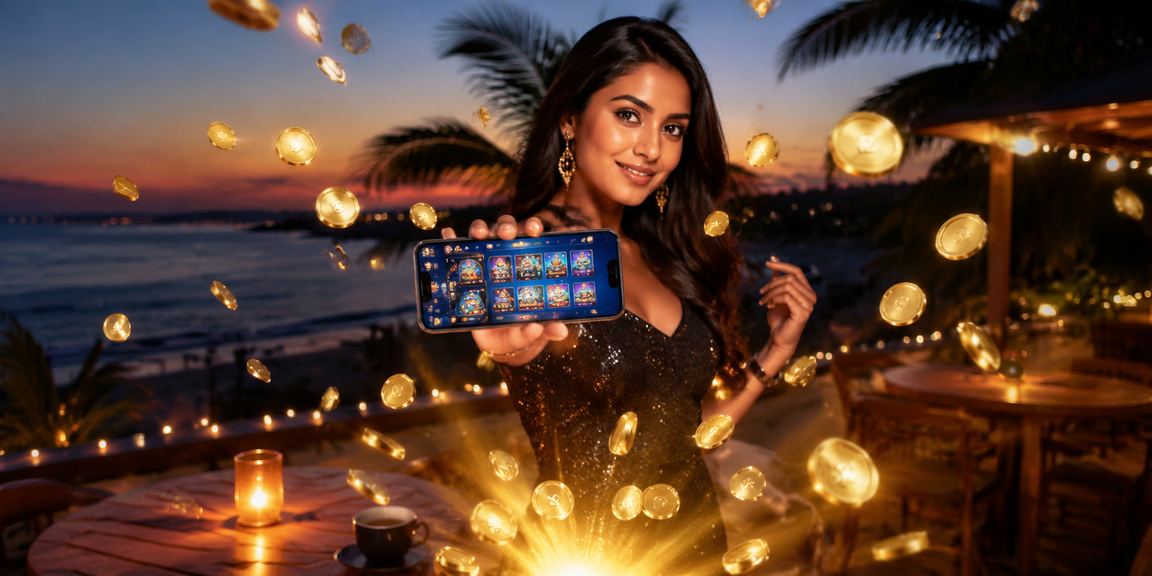 Player enjoying Rummy on mobile phone by beach in Goa