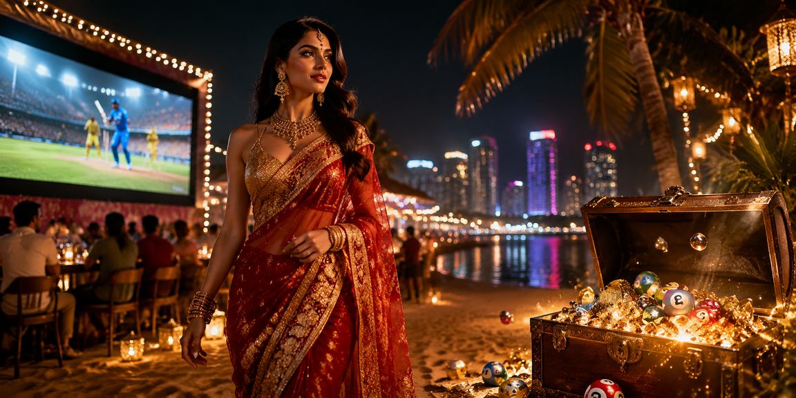 Traditional Indian woman enjoying cricket betting online