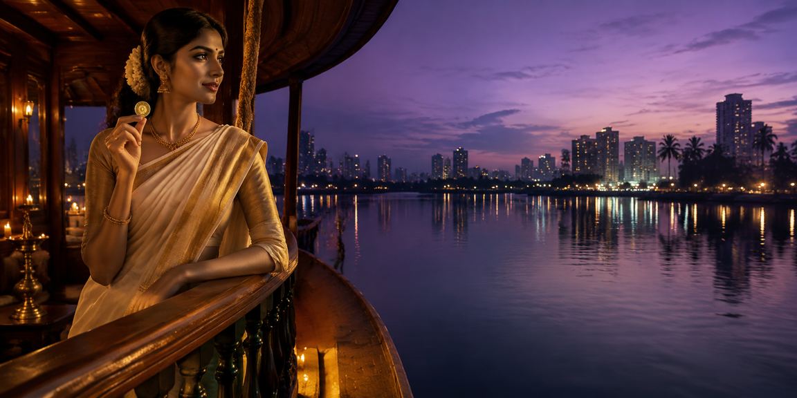 Indian player enjoying Andar Bahar on mobile device in Kerala backwater setting